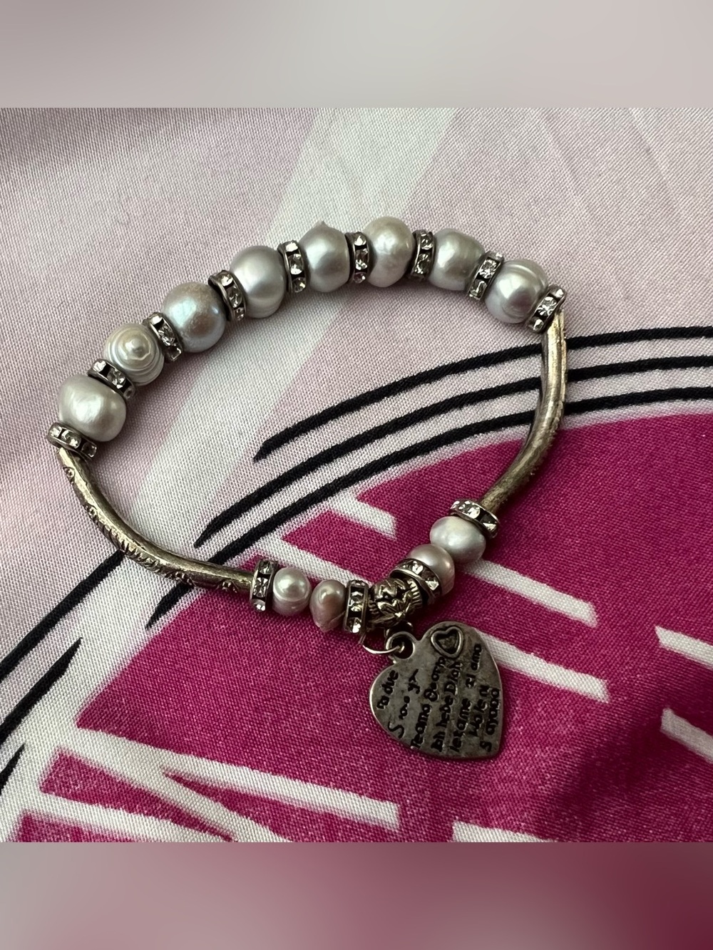 Silver Tone Pearl With Heart Charm Bracelet | From The Philippines